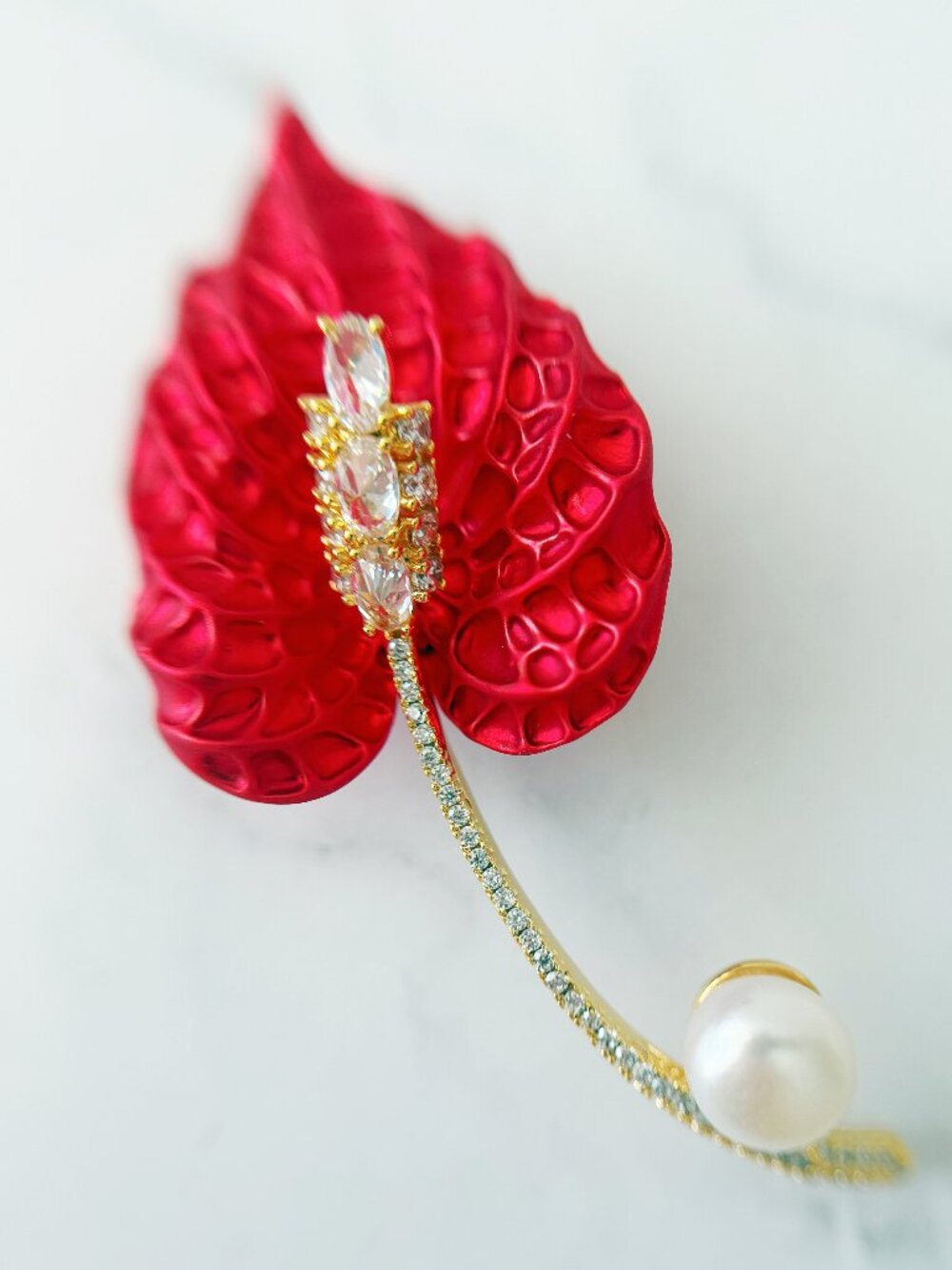 Red Anthurium Flower Brooch with Clear Rhinestones and Gold Tone Stem with Pearl